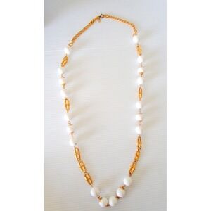 Vintage Signed Direction One 35" Necklace Bamboo Style Goldtone White Beads